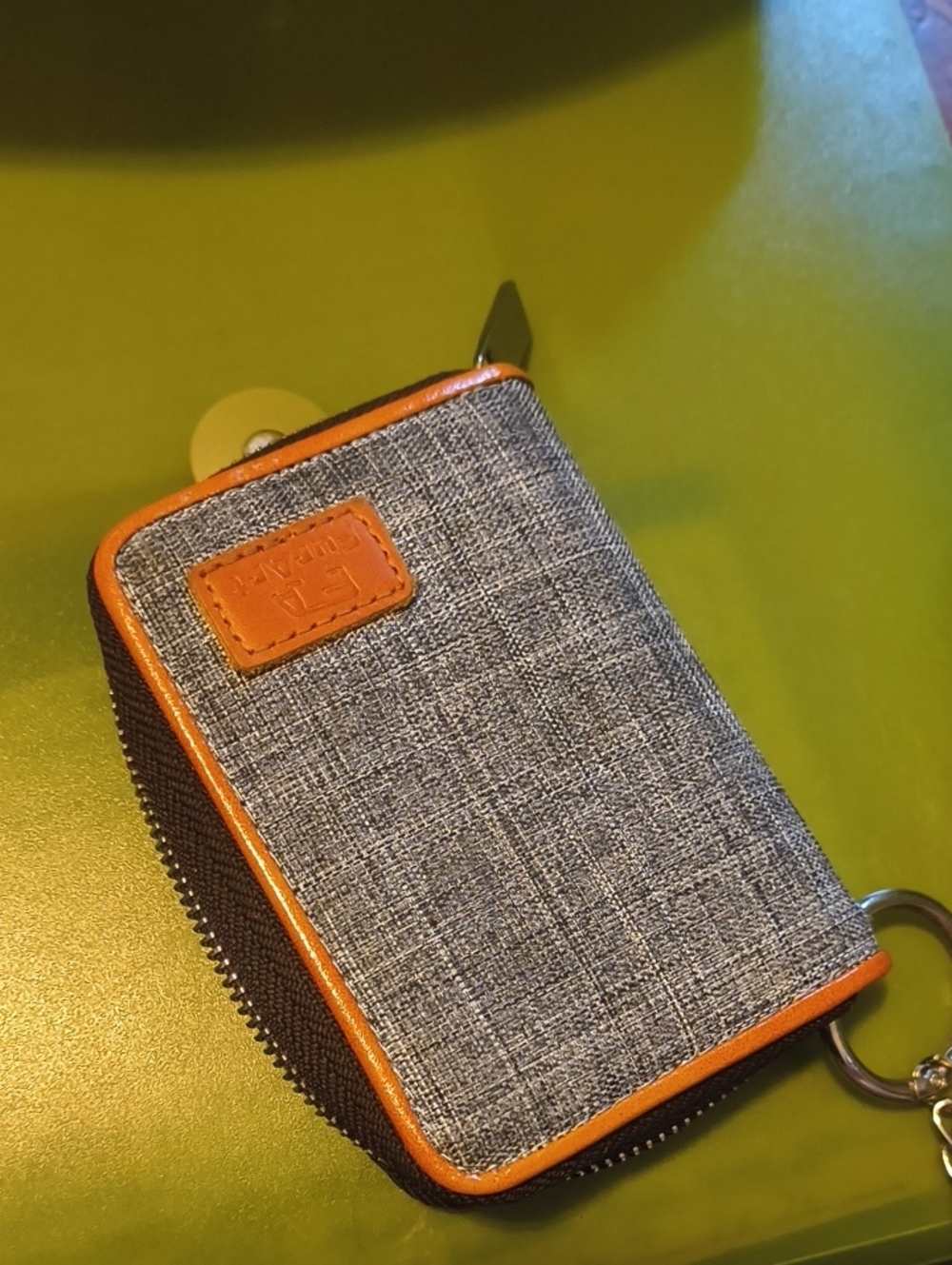 Grey Textured Zip Key Wallet with Tan Trim